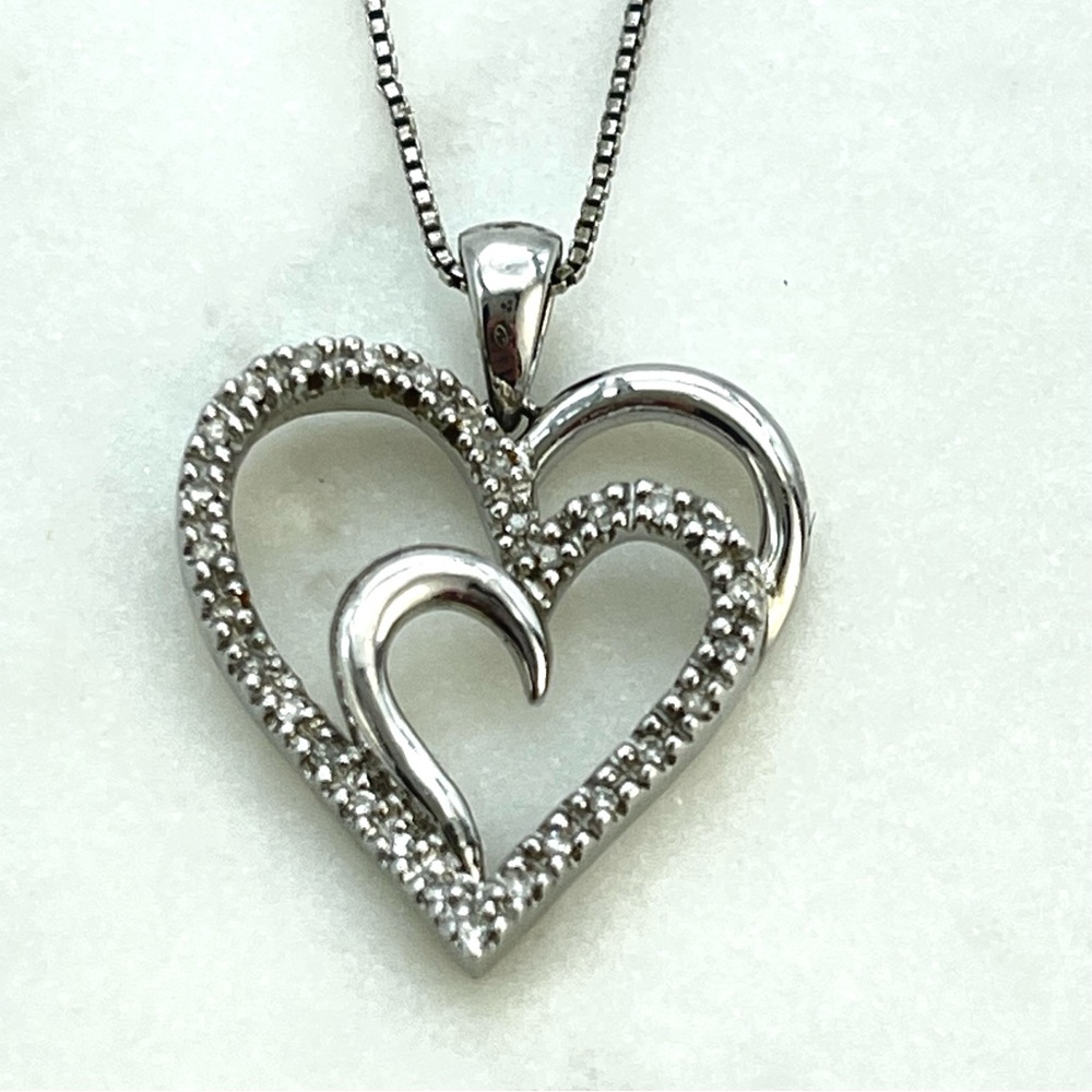 Silver Double Heart Charm Pendant Necklace with Diamonds on Sterling Box Chain